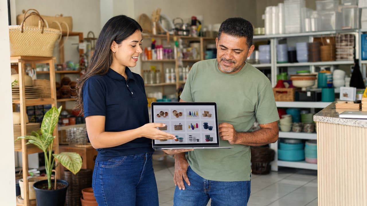 Profissional apresenta catálogo digital a comerciante de Bom Jesus da Lapa