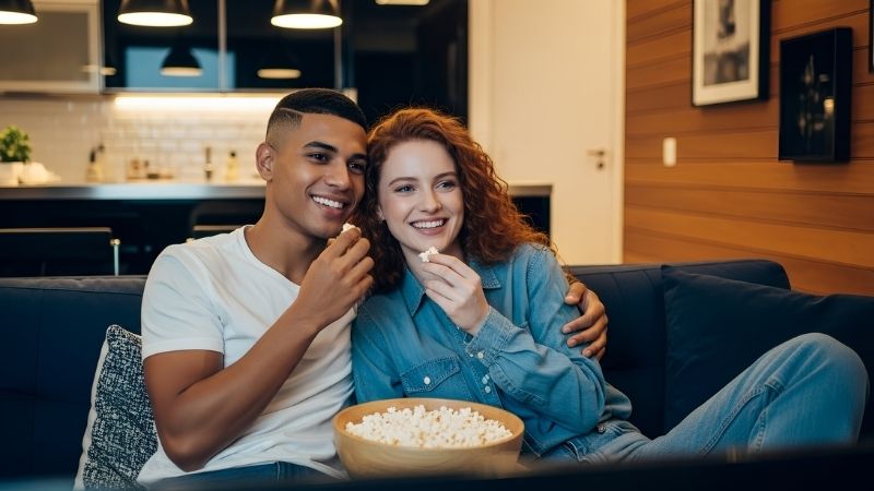 casal vendo serie de tv e comendo pipoca